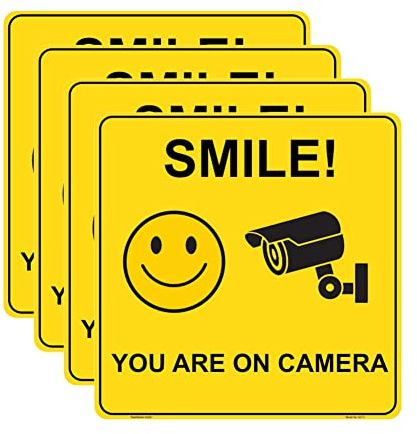 Haobase 4 Pcs Smile You are On Camera Sign Sticker - Self Adhesive Vinyl (15cm x 15cm)