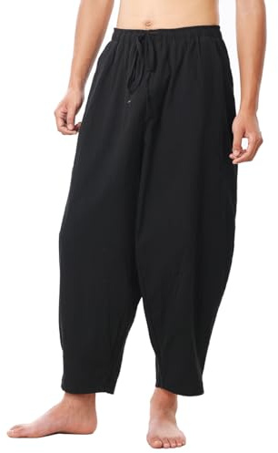 COSDREAMER Pantalones Holgados para Hombre Harem con cordón, Casual, algodón, Lino, Yoga, Playa, Talla S, Negro