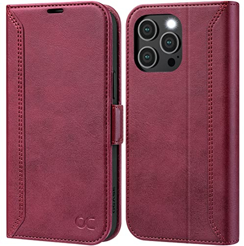 OCASE Coque iPhone 14 Pro Rétro, Etui Portefeuille iPhone 14 Pro [RFID Blocage] [Béquille] [Fentes pour Cartes] Antichoc TPU Housse Cuir PU pour iPhone 14 Pro 6,1 Pouces (Série Rétro, Vin Rouge)