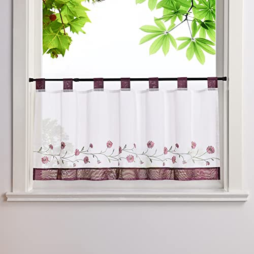 HeichkelL Bestickte Scheibengardine, Kurzstores, Violett BxH 140x60 cm | Voile Kurzvorhang mit Schlaufen, Pastorale Küchengardinen, Landhausstil Bistrogardine