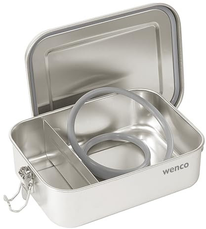 wenco Lunchbox aus Edelstahl, Mit 2 Fächern, Brotdose groß mit 850ml Fassungsvermögen, Wasserdicht, Spülmaschinengeeignet, inkl. Ersatz-Silikonring, 18,5 x 14 x 5,5 cm, Silber