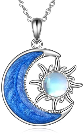 DAYLINLOVE Mond Sonne Kette 925er Sterling Silber Halsmit Mondstein Anhänger Halbmond Sonne Himmlischer Schmuck Geschenke für Damen Frauen Mädchen