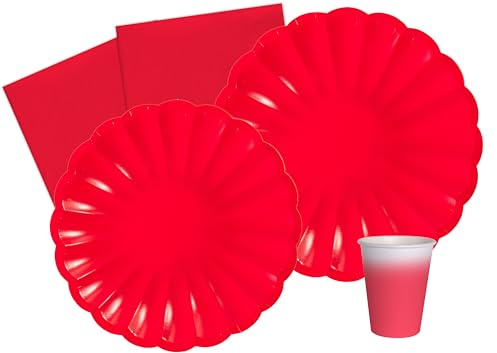 Kit Party Tavola Flower Shape per 24 persone (112 pezzi: 24 piatti Ø23cm, 24 piatti Ø18cm, 24 bicchieri 250ml, 40 tovaglioli 33x33cm) in carta compostabile eco-friendly, rosso