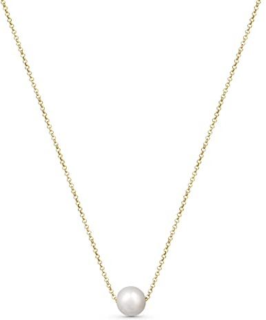 Amberta Frauen 925 Sterling Silber Süßwasser Perlen Halskette: Vergoldete Halskette mit schwimmendem 9-10 mm Perlenanhänger