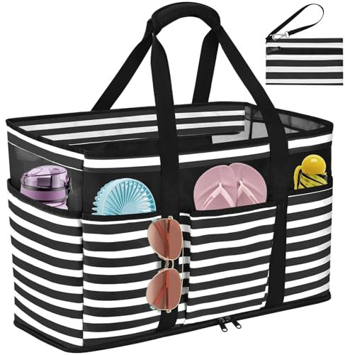 TEUEN Extra Große Strandtasche mit Reißverschluss, Streifen Wasserdicht Strandtasche XXL Familie Badetasche Damen Beach Tote Bag Shopper für Strand Pool Reisen Fitnessstudio Einkaufen (45L)
