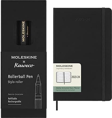 Moleskine x Kaweco, Penna Roller Ricaricabile in Plastica ABS, Colore Nero + Weekly Planner 2023-2024, Agenda 18-Mesi Orizontale, Agenda Settimanale con Copertina Rigida, Large 13 x 21 cm, Colore Nero