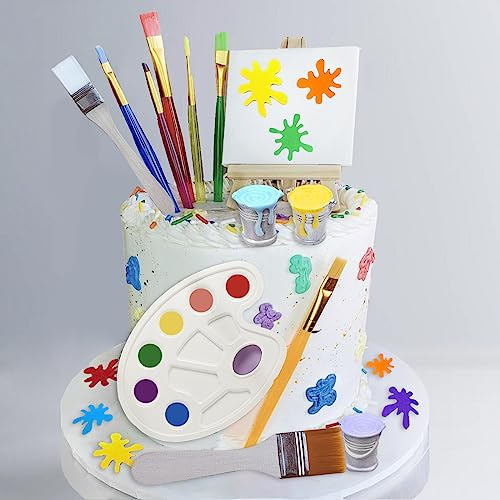 26 Pcs Art Cake Topper Paint Cake Decorations Painting Cake Toppers include Paint Pen Brush Painting Bucket Palette for Kids Birthday Baby Shower Art Themed Party Cake Decoration Supplies