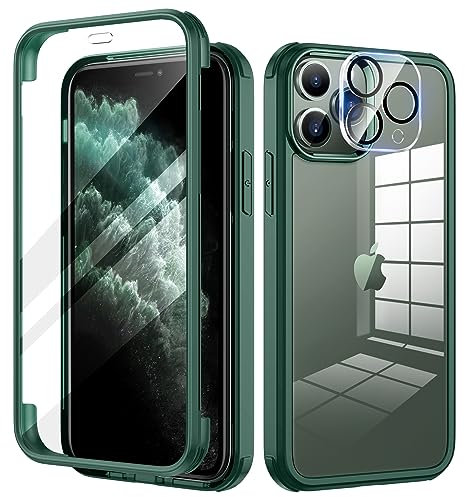 seacosmo for iPhone 11 Pro Case 5.8 Inch, Full-Body Shockproof Case with Built-in Glass Screen Protector and Camera Lens Protector Rubber Bumper Case Cover for iPhone 11 Pro- Green/Clear