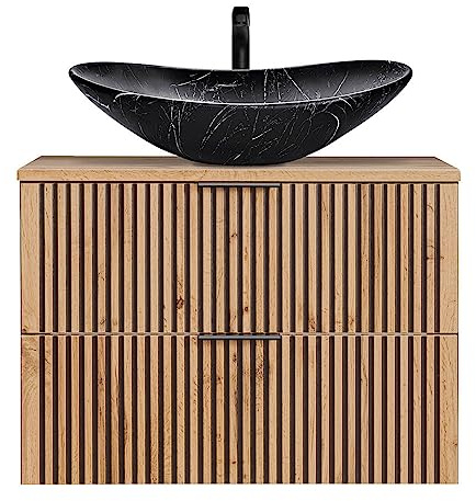 Lomadox Waschtisch Badezimmer Unterschrank hängend 80 cm mit Keramik Waschbecken anthrazit Eiche Nb. Rillen schwarz B/H/T: 80,6/73,7/46,5 cm