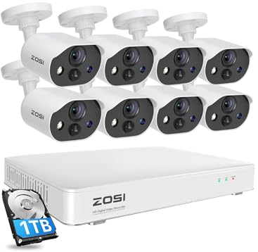 ZOSI C303 8CH Home Security Camera System with Audio, Person Vehicle Detection, Night Vision, Light & Sound Siren, 8pcs 1080P Outdoor Cameras, 8CH 3K Lite H.265+ DVR with 1TB SSD for 24/7 Recording