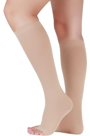 Lin Performance Medical Compression Socks for Women and Men, 20-30 mmHg Open Toe Knee High Stockings, Leg Support for Daily & Travel Comfort (3XL, Beige)