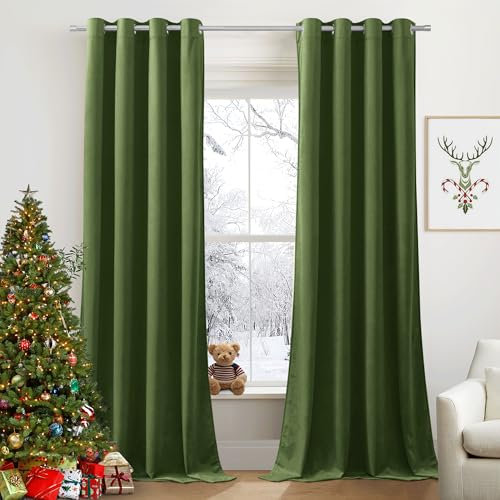 PONY DANCE Samtvorhänge Olivgrün Gardinen Samt Blickdicht Ösenvorhang 2er Set H 240 x B 132 cm Thermogardine Kälteschutz Samt Vorhänge Wohnzimmer Velvet Curtains Blackout (Gewicht: 300g/m²)