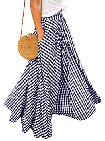 ORANDESIGNE Femmes Rétro Maxi Jupe à Carreaux Plissée Avec Poches Haute Taille - Jupe Longue A-Line de Plage Basique Pour Fille - Bleu, XL