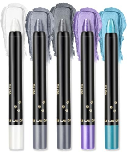 Erinde Set di 5 ombretti glitterati, stick per ombretti impermeabili e di lunga durata, eyeliner pastello in crema perlescente, penna per trucco occhi scintillante metallizzata ad alto pigmento