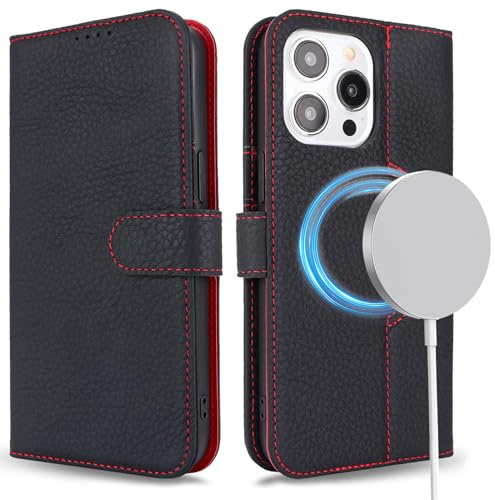 ELTEKER Handyhülle für iPhone 15 Pro Max Hülle [Echtes Leder] Klapphülle Schutzhülle Flip Case - Litchi Schwarz