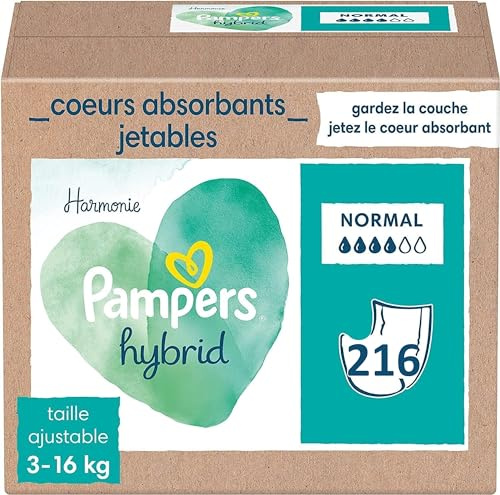 Pampers Harmonie Hybrid, 216 Einweg-Schutzkerne für Windeln, Hybrid, 100 % Saugfähigkeit, schützt die empfindliche Haut von Babys, Inhaltsstoffe pflanzlichen Ursprungs und ohne Parfüm
