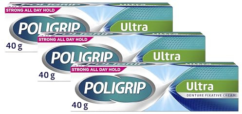 Poligrip Denture Adhesive Cream, False Teeth and Partials Fixative, Ultra, 40 g (Pack of 3)
