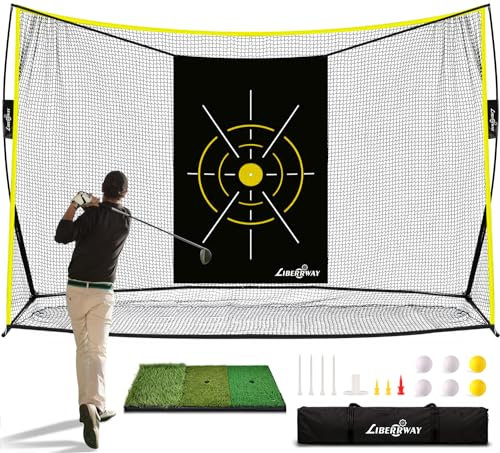 LIBERRWAY Golfnetz, 3 x 2,1 x 0,9 m, robustes Golf-Übungsnetz für Hinterhoffahren, Golf-Fahrstrecke und Golfschwungnetz, Tri-Turf-Matte mit 6 Golfbällen, 8 Golf-Tees und Tragetasche, Geschenke für
