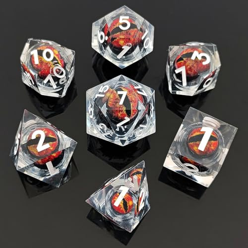 ORUZA 7 Stück Drachenauge Polyedrische Harz Spielwürfel DND Würfel Set D&D Würfel für Dungeons and Dragons RPG MTG Pathfinder Rollenspiel D4 D6 D8 D10 D% D12 D20
