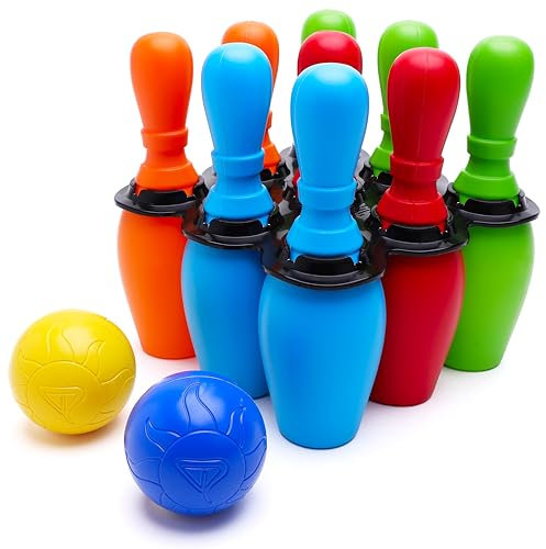 Toyland® 12-Teiliges, Farbenfrohes Bowling-Set für Kinder – 9 Kegel, 2 Runde Bälle und 1 Halter – Spielzeug für Drinnen und Draußen – Spiele für den Familiengarten