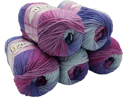 500g Strickwolle Ilkadim Export Cotton gold mit Farbverlauf mehrfarbig, 5 x 100 Gramm Strickgarn 55% Baumwolle (beere lila grau 3686)