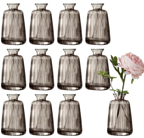 12 Stück Kleine Vasen für Tischdeko, 11× 6,5cm Blumenvasen Klein Glasvasen für Hochzeit Tischdeko, Grau