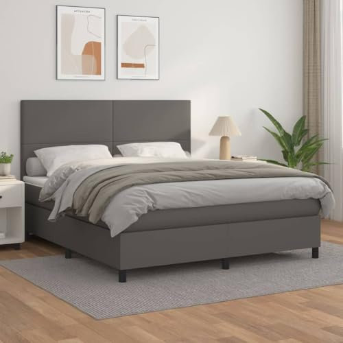 OHOOWOO Boxspringbett mit Matratze Grau 180x200 cm Kunstleder,Erholsamer Schlaf auf dem eleganten Kunstleder Boxspringbett mit rückenfreundlicher Einzeltaschenfederkernmatratze