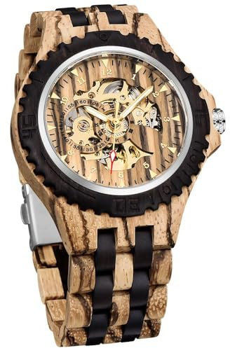 Tiong Herren Holz Mechanische Uhren Skelett Römische Ziffern Automatikaufzug Holzuhr Leichtgewicht für Männer Armbanduhr