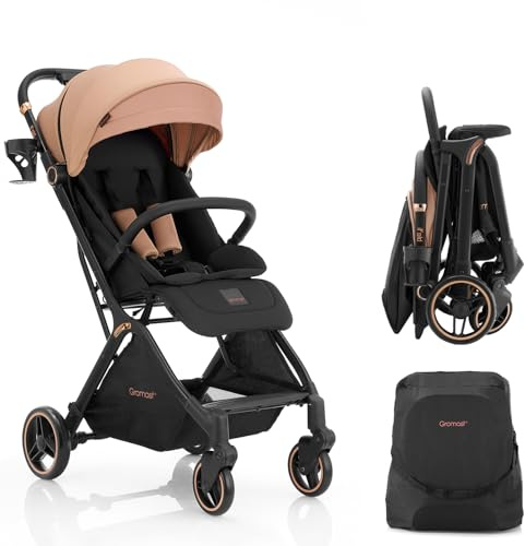Gromast Gravity Folding Baby Stroller - Portable Travel Toddler Stroller w/Adjustable Backrest, Canopy & Cup Holder, Lightweight and UV Protected, One-Hand Automatic Folding - Khaki
