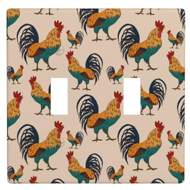 Placca di copertura per interruttore della luce a levetta, 2 piastre da parete di dimensioni standard 11,4 x 11,4 cm, motivo cartone animato carino gallo con doppio interruttore della luce, piastra di