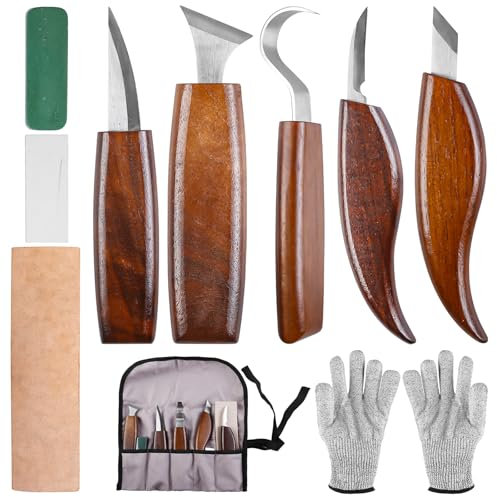 Set di 10 coltelli da intaglio in legno, con pietre abrasive e guanti resistenti al taglio, set di coltelli da intaglio professionali con 5 coltelli da intaglio per principianti e professionisti