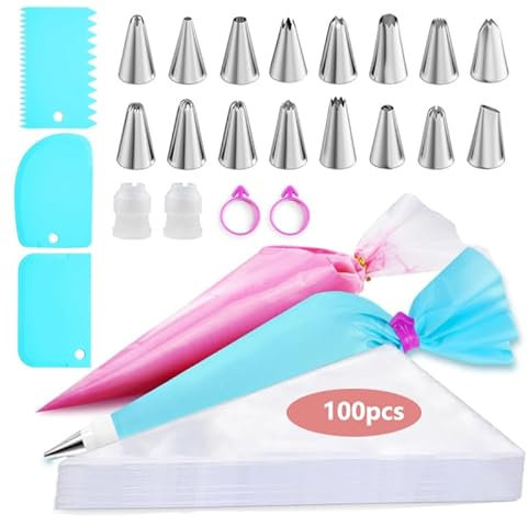 Kit per decorazione torte, 100 sac à Poche Professionali, Beccucci Grandi, Decorazione Torte Set, Bocchette Decorative Accessori per Cupcakes, Pasta di Zucchero, Kit Pasticceria, set pasticceria