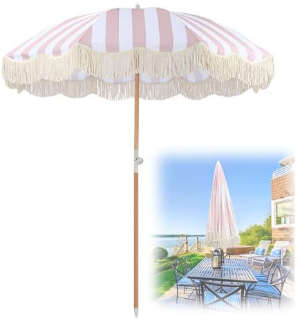 Parasol de Plage Bohème Portable de 200 cm avec Franges - Parasol Rayé Rose pour Jardin,Arrière-cour,Piscine,Pelouse - UPF50+