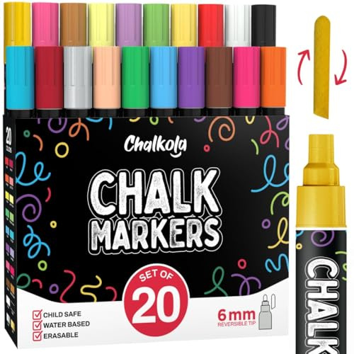 Chalkola 20 Kreidestifte Für Tafel Abwaschbar (6mm Spitze – Neon, Pastell, Metallic) | Kreidemarker Abwischbar Für Fenster, Glas, Auto – Tafelstifte, Flüssigkreide Stifte & Glasstift Abwaschbar