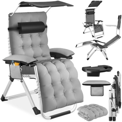 tectake® Sonnenliege klappbar, Liegestuhl, Gartenliege mit Sonnendach, Outdoor Sessel für Balkon oder Garten, Liege mit extra Dicker Auflage, Relaxliege belastbar bis 200kg - hellgrau