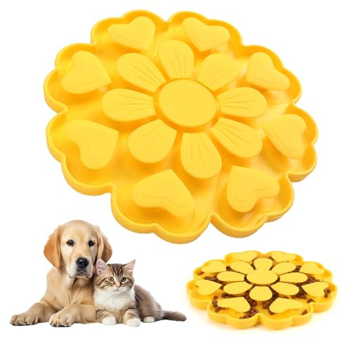 Dog Slow Feeder, Silicone Non-Slip Enrichment Feeding Supplies, Mental Stimulating Puzzle Toys Treat Dispenser, Cute Flower Anti-Choking Pet Food Dish for Small Medium Breed (Yellow)