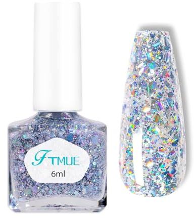 Silver Glitter Nail Polish - Glitter Nail Varnish - Shimmer Diamond Clear Flash Nail Paint - Quick Dry Glossy Shine Sparkly Nail Varnish Smooth & Long Lasting Nail Art Polish DIY For Women 6ml
