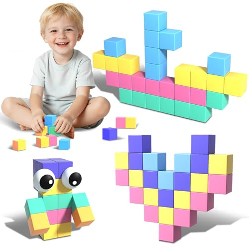 Goody King Magnetiska Byggklossar 56 Delar Set, Magnetiska Klossar för Barn, Montessori Pedagogiskt Leksaker 3-9 År, Magnetiska Byggblock Present för Pojkar och Flickor (2,5 x 2,5 cm)