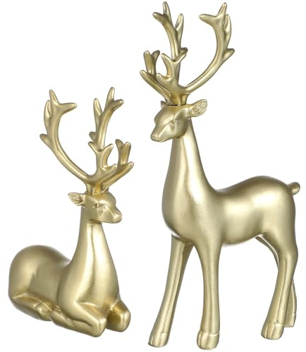 UKCOCO 2 PCS Christmas Reindeer Figurines: Resin Sitting & Standing Deer Ornament, Gold Desktop Decoration - for Home, Office, Party and Christmas Decorations