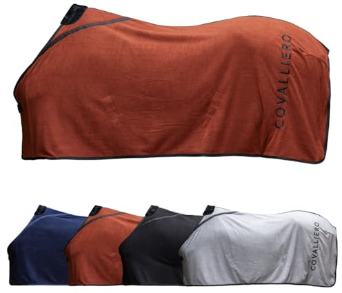 Covalliero - Fleecedecke – Pferde Abschwitzdecke – Decke mit Widerristpolster aus Fell, Kreuzgurten, Brustschnalle & Schweifriemen – atmungsaktive Pferdedecke in Rust – Größe 125cm