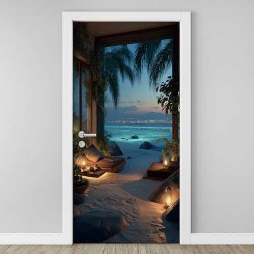 3D Türaufkleber Strand Palmen Türfolie, PVC Türtapete Fototapete Tropische Meer Landschaft Wandbild zum Abziehen und Aufkleben, Schlafzimmer Wohnzimmer Badezimmer Tür Verschönern Deko 88 x 200 cm