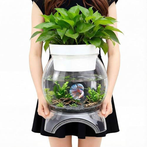 Geelin Plastic Fish Tank with Hydroponic Top and Base, Aquaponic Planter Bowl Shatterproof with Clear Clarity for Terrarium, Flower Vase Centerpiece Gift for Fish Lovers (Round)(1.5 Gallon)