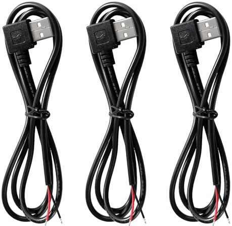 MejaRizon 3 Stück USB-A Stecker, 90 Grad Pigtail offenes Ende Stromkabel 5V 3A 100cm 1m 2-poliger Draht DIY Pigtail-Kabel, für USB Geräte Installed oder DIY Replace Repair Cable