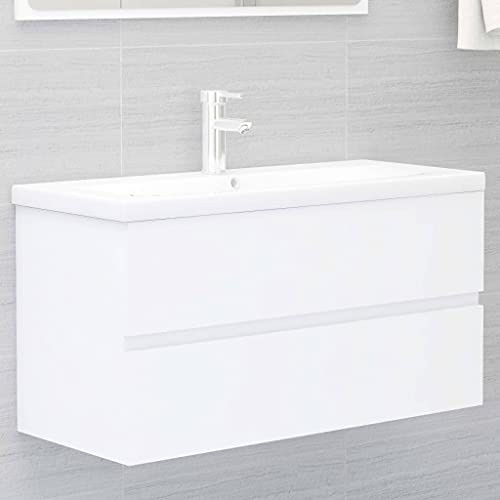KTHLBRH Mueble de Baño con Lavabo de Cerámica y 1 Cajón, Armario Fregadero Compacto para Aseo, Grifo Monomando Frío/Caliente y Escurridor de Empuje Incluidos, Diseño Moderno