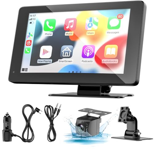 Wireless Carplay Display Android Auto Display mit Stehende Halterung 7 Zoll Touchscreen Auto Display Car Play Bildschirm mit Rückfahrkamera, Buddy Display mit Siri/Google GPS Navigation AUX, FM