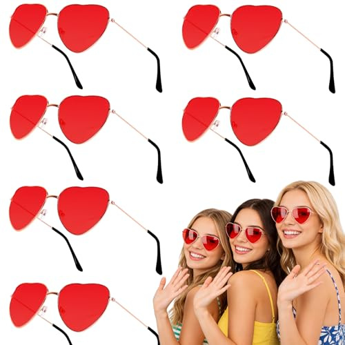 6 Paar Herzbrille Rot Set,Herz Sonnenbrille Metallbrillenfassunge Party Brille,Hippie Kostüm Brille Herz,Herzbrillen Sonnenbrille Herz für Erwachsene Kinder Karneval Strand Hochzeit Geburtstag