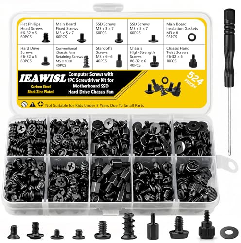 524PCS PC Screw Kit, Motherboard Standoffs & Screws for M.2 SSD, NVMe, HDD, PC Case Fan, Power Supply, Replacement Computer Screws Set for DIY & Repair with Screwdriver