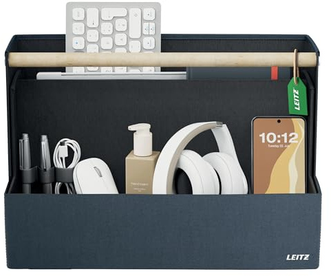Leitz Schreibtisch Organizer aus Stoff, faltbar mit Holzgriff | Vier Fächer, 15-Laptopfach, bis 8 kg, recycelte Materialien, ideal für Coworking, Home-Office, 38x19x26cm