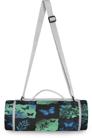 Yoogain Coperta da spiaggia rotonda, adatta a 2 adulti, accessorio estivo, senza sabbia, tappetino da gioco a doppio strato, senza sabbia, morbido, 147,3 cm (farfalla Silhoutte foglie blu verde)