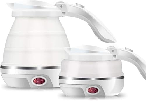 Mini hopfällbar vattenkokare, resevattenkokare, 500 ml 110-220 V automatisk avstängning håller varm förhindrar torra brännskador, livsmedelsklassad silikon bärbar(White)